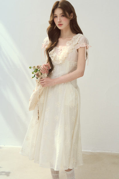 Rose Embroidered Square Neck Long Dress