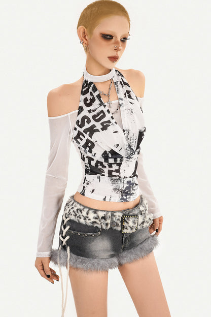 Halter Neck Letter Mesh Top