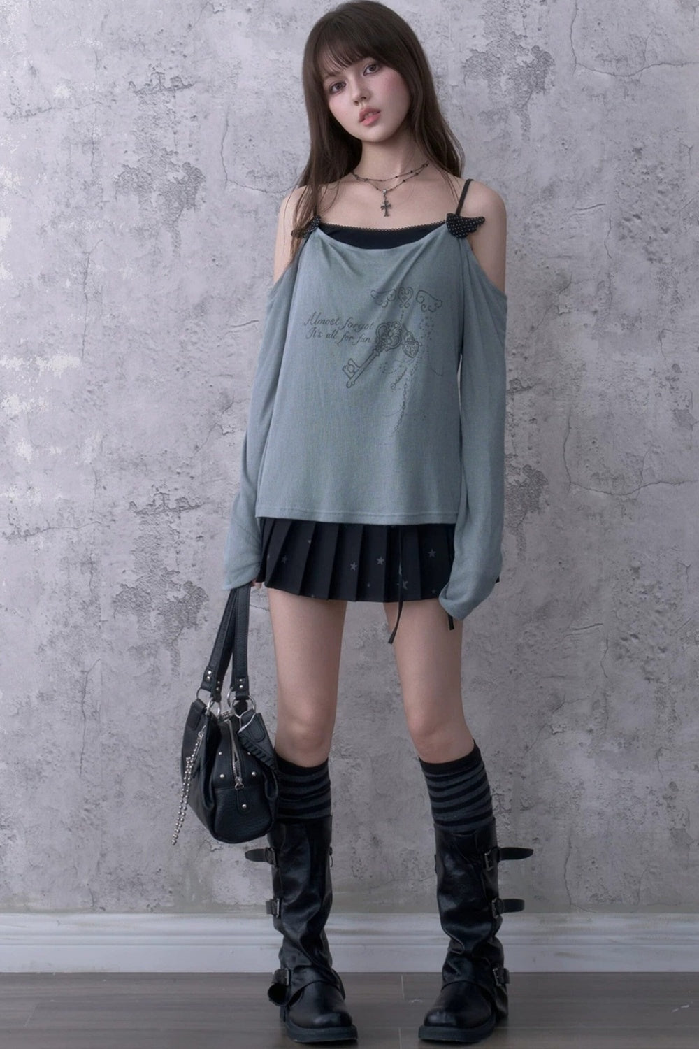 Gray Blue Draped Collar Layered-Look Blouse