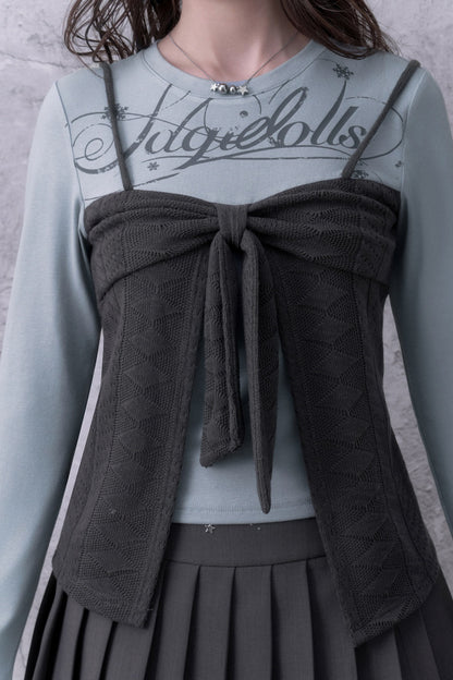 Blusa a maniche lunghe blu-grigia con fiocco e effetto a strati