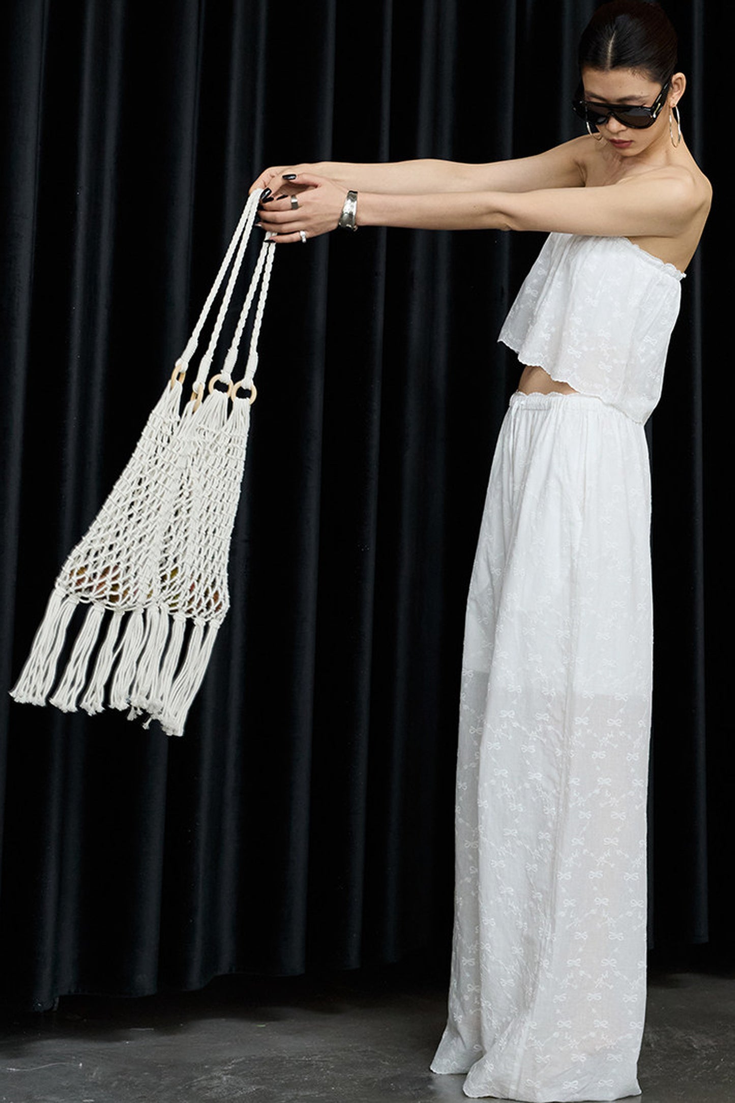 White Cotton Hollow Embroidery Top And Pants Set-Up