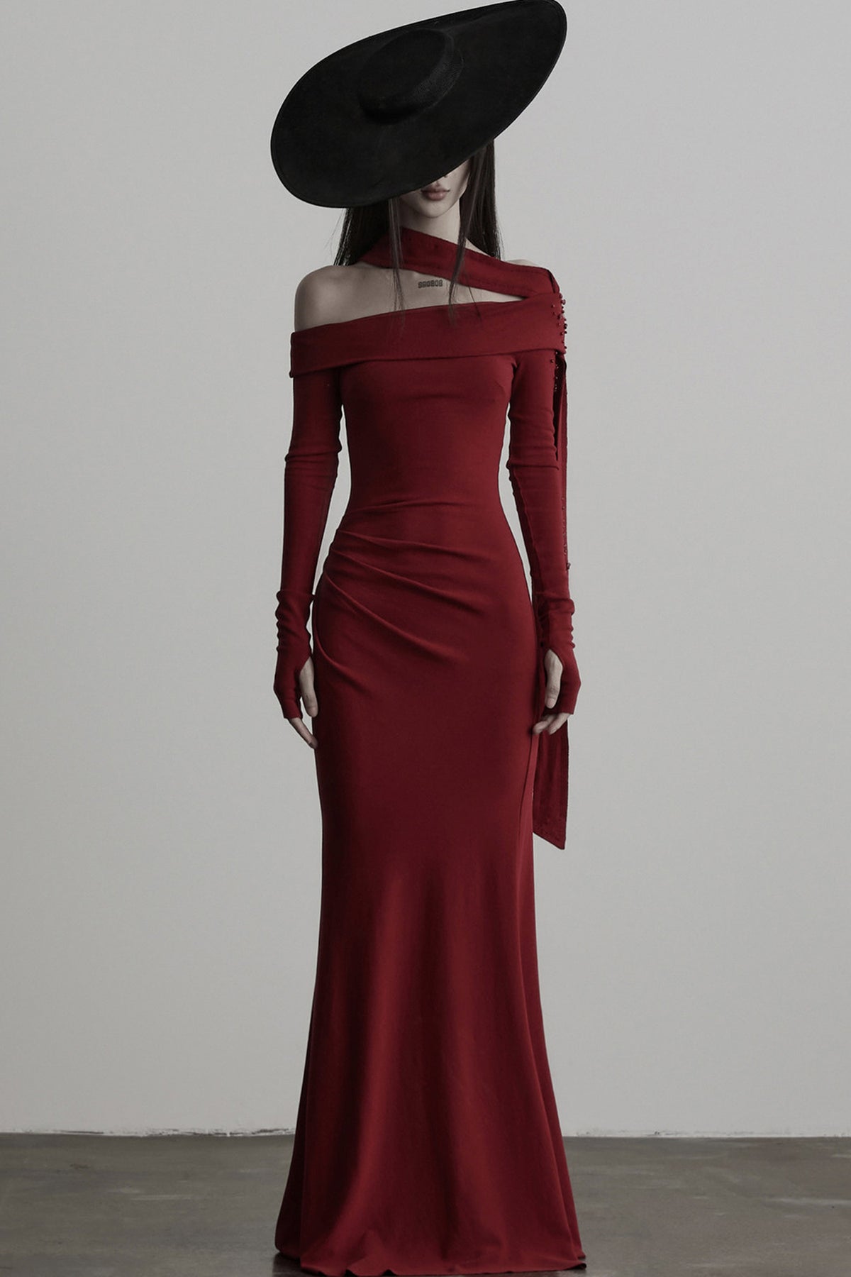 French Off-Shoulder Knitted Long-Sleeve Dress