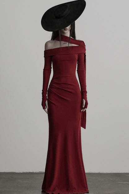 French Off-Shoulder Knitted Long-Sleeve Dress