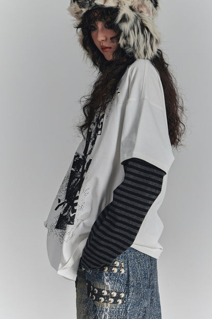 Striped Graphic Off-Shoulder T-Shirt