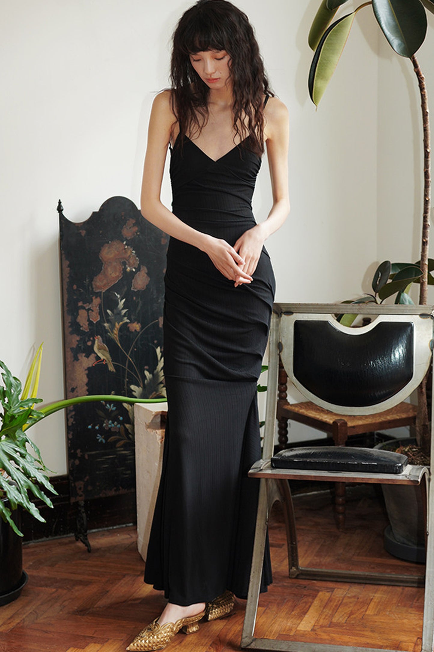 Black Ruched Strap Mermaid Dress