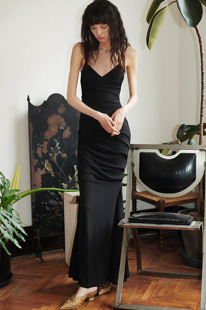 Black Ruched Strap Mermaid Dress