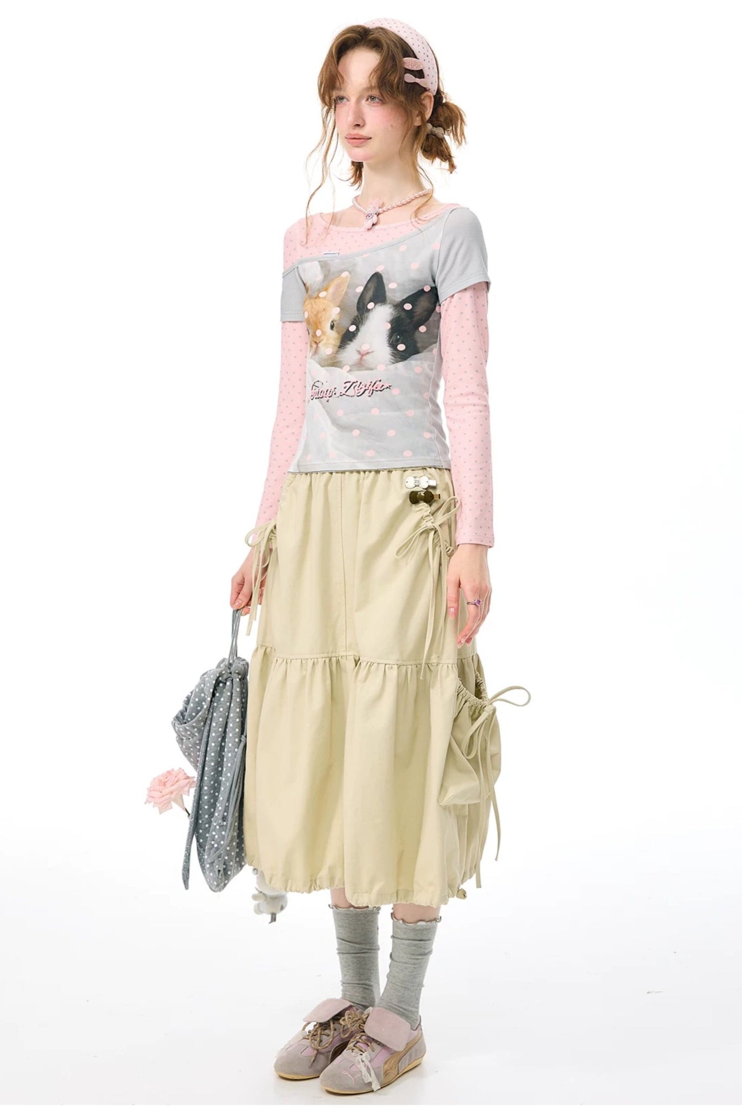 Khaki Slimming Drawstring Skirt