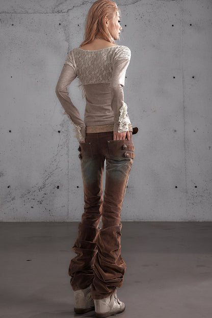 Punk Flocked Ruched Low-Waist Curved Leg Jeans