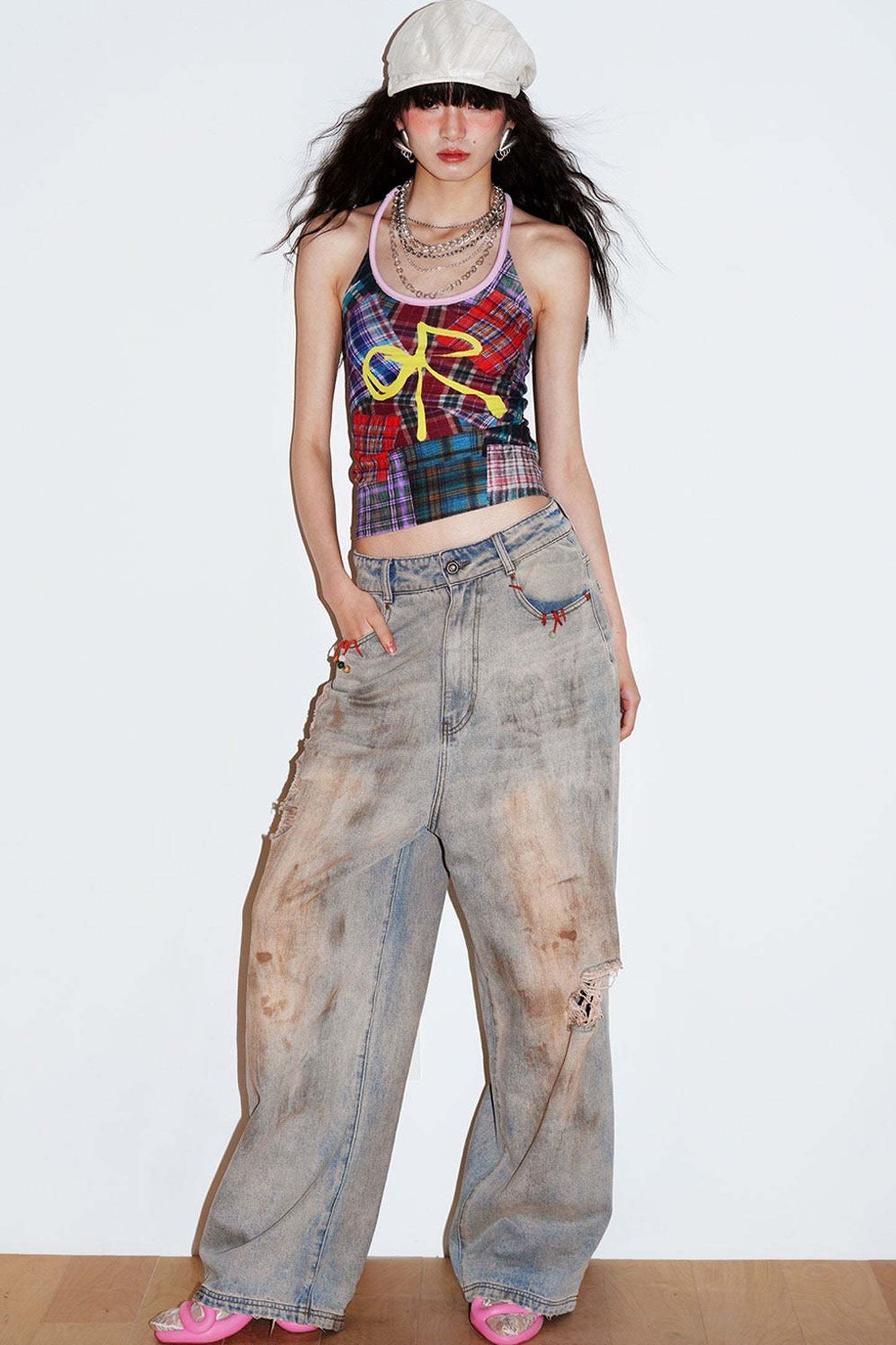 Color-Block Plaid Bow Camisole