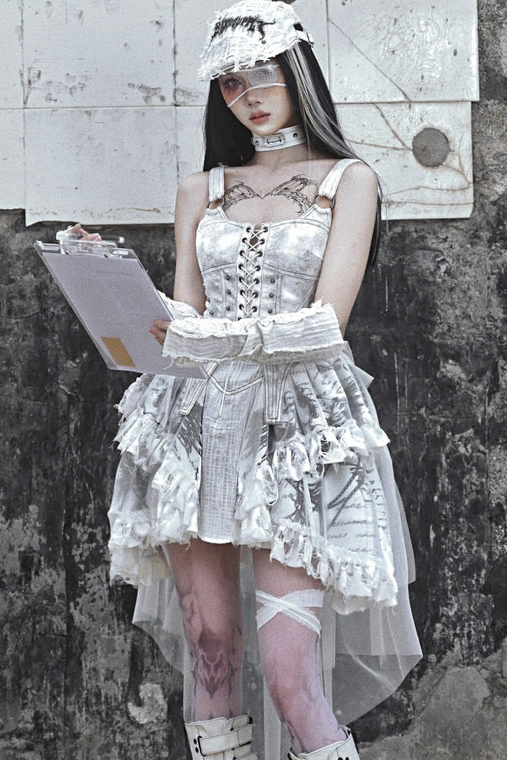 Distressed Suede Trailing Tie-Up Suspender Dress