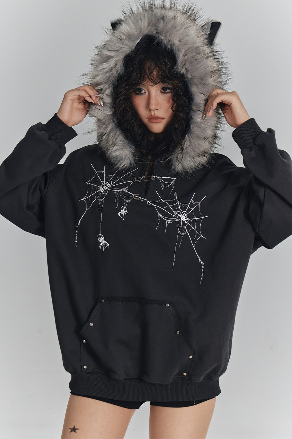 Spider Web Print Hooded Cat Ear Jacket