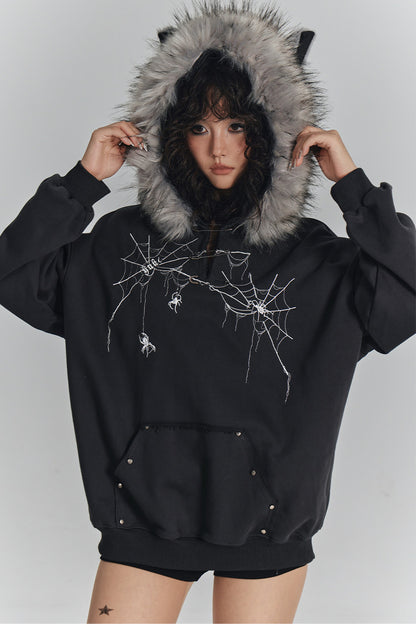 Spider Web Print Hooded Cat Ear Jacket