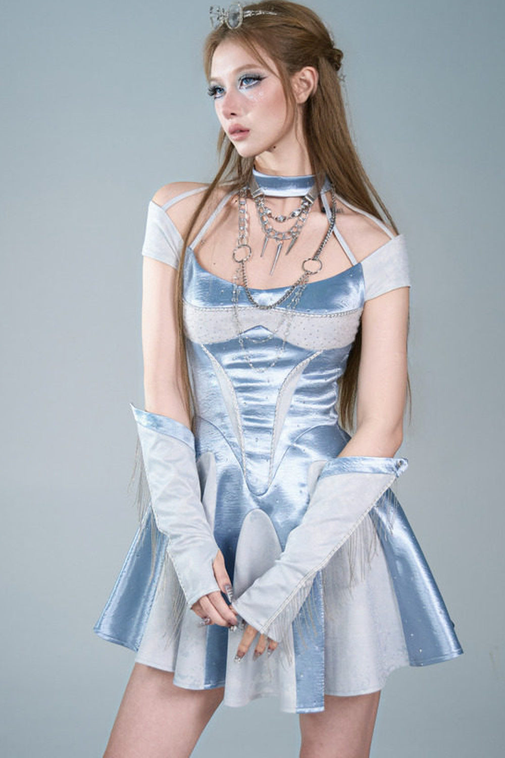 Y2K Blue Satin Halter A-Line Dress Set-Up