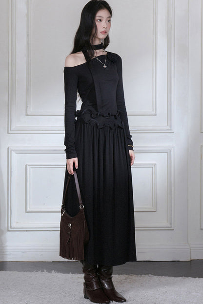 Off-Shoulder Wavy Edge Knit Top and Skirt Set