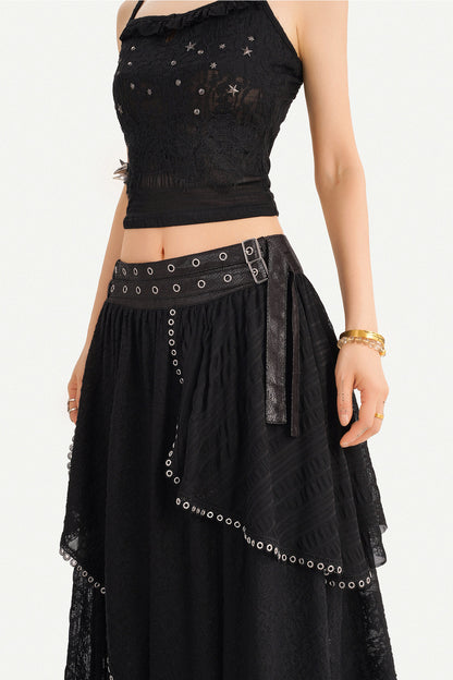 Gothic Lace Mesh Asymmetric Layered Hem Skirt