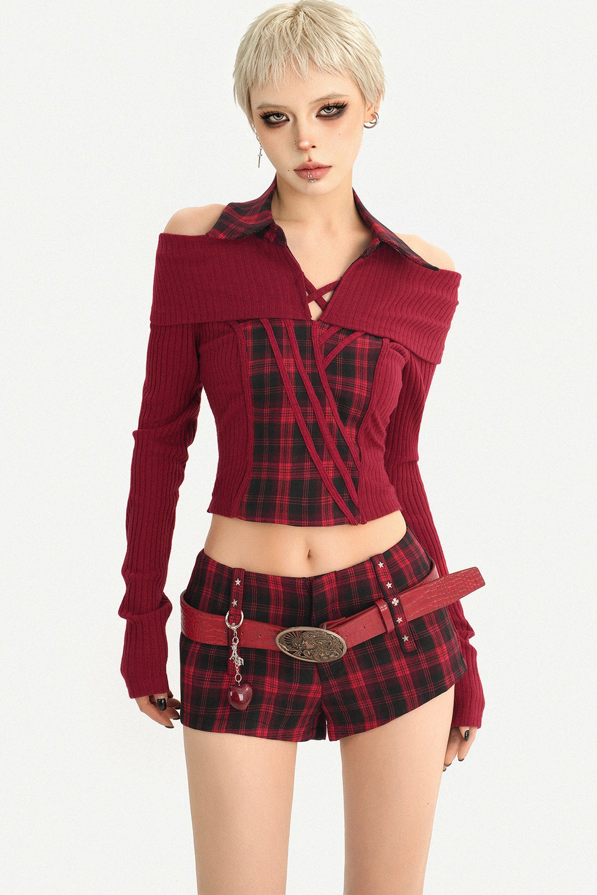 Red Plaid Low-Waisted Shorts