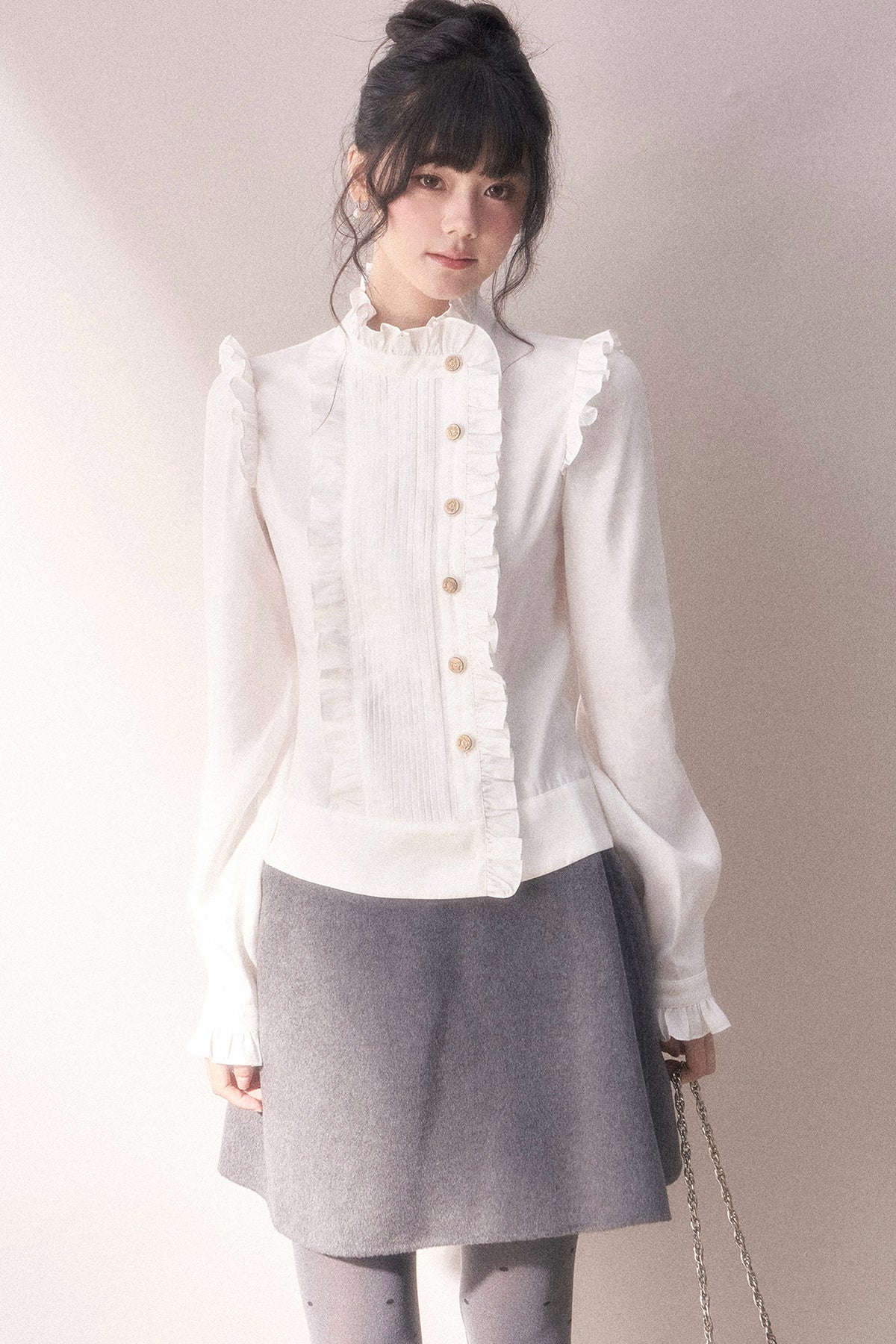 Pleated Lace Ruffle Asymmetrical Long-Sleeved Shirt