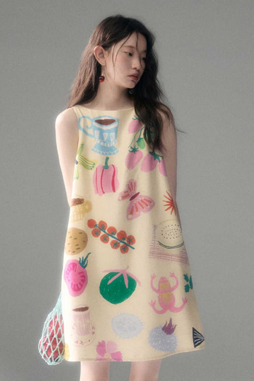 Hand-Painted Fruit Vegetable Print Sleeveless Vest Dress