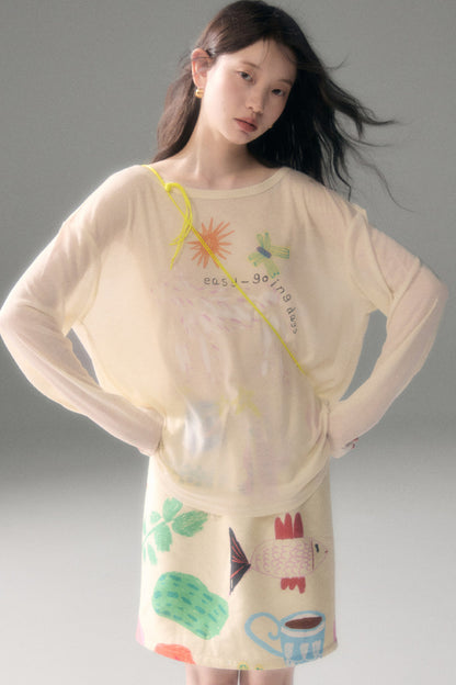 Long-Sleeve Fruit Vegetable Dog Print T-Shirt Set-Up