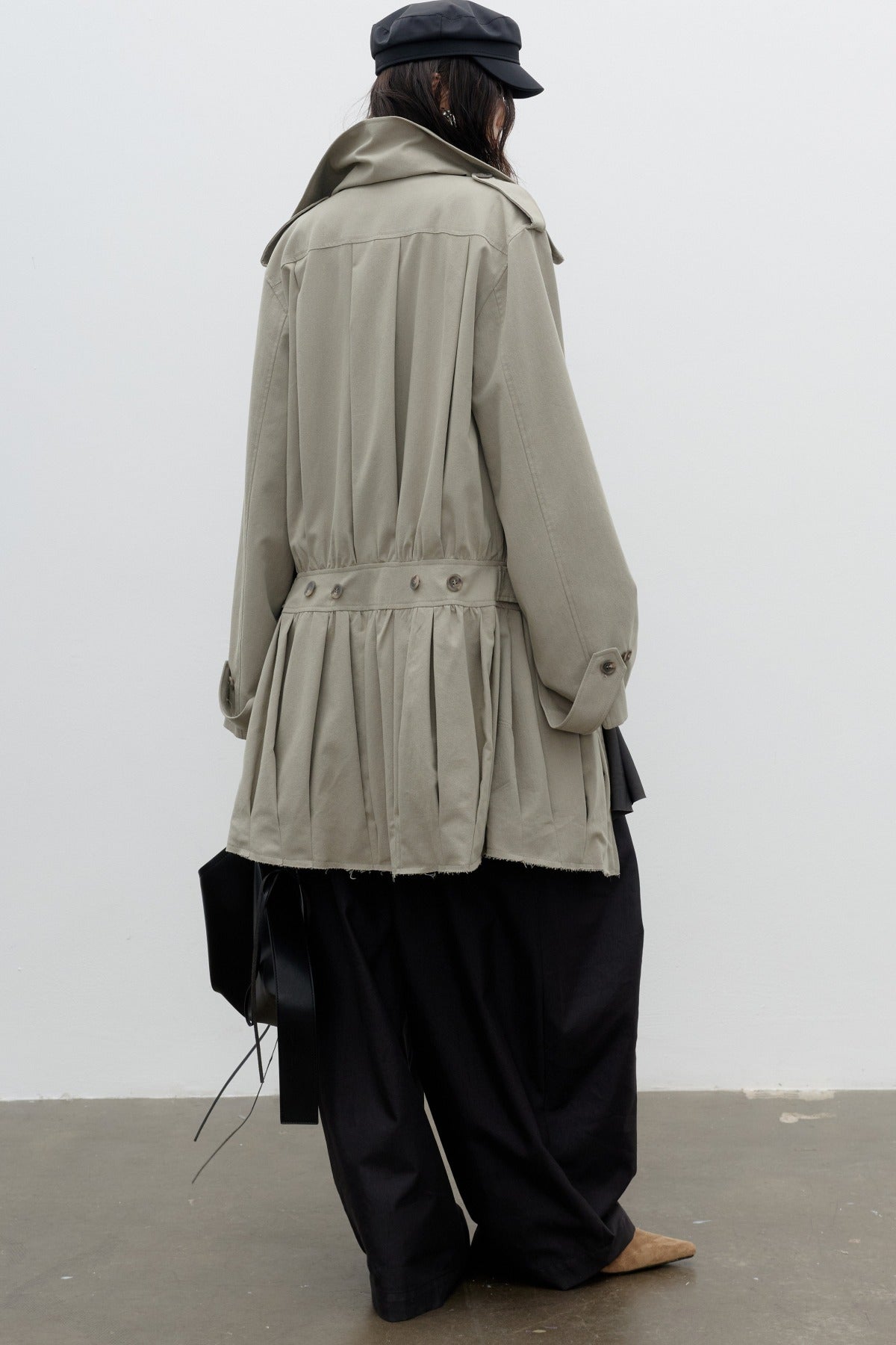 Sculptural Pleated Balloon Waist Khaki Windbreaker