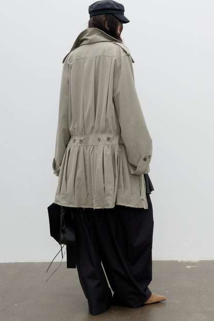 Sculptural Pleated Balloon Waist Khaki Windbreaker