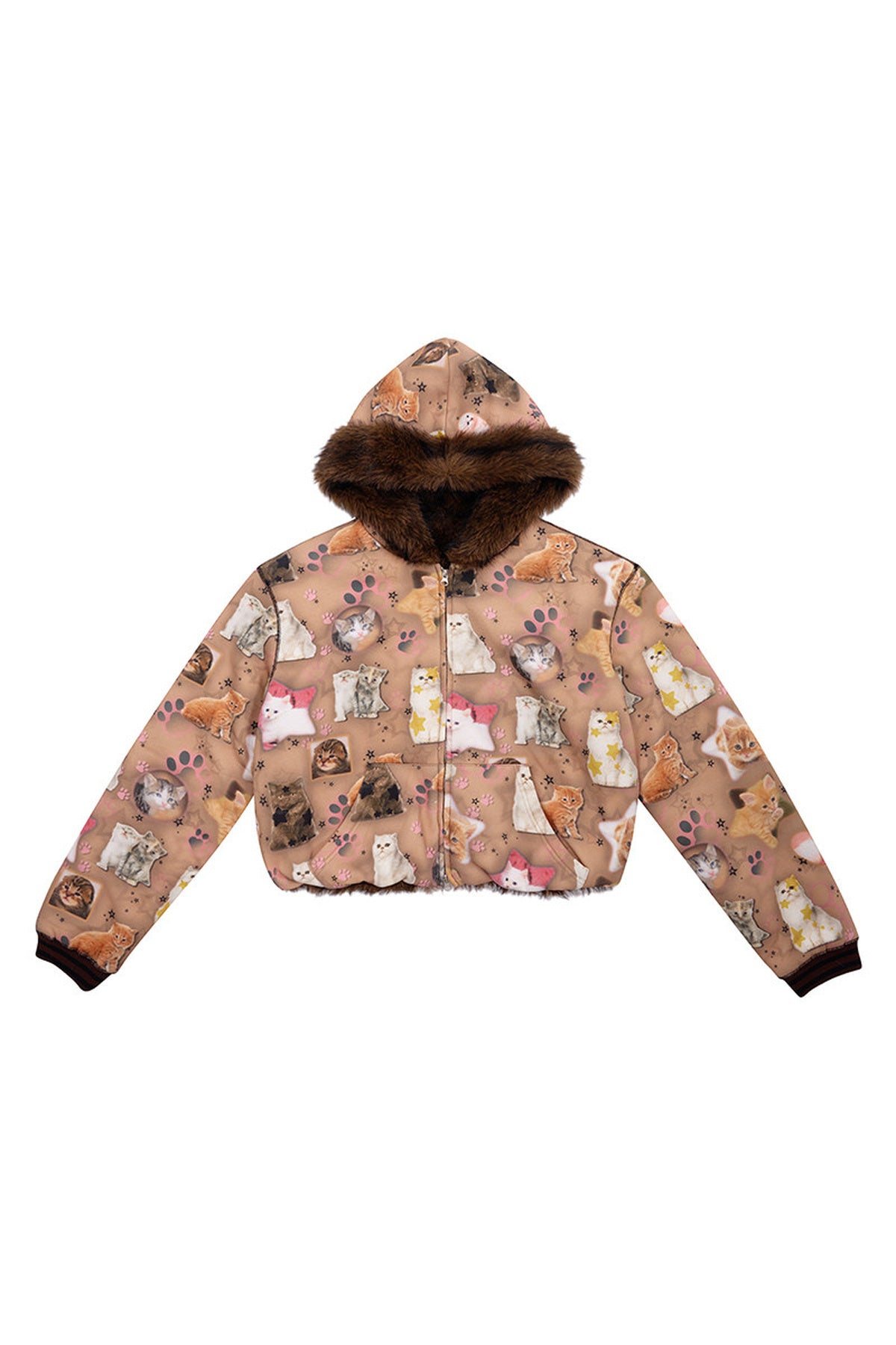 Cat Print Reversible Fur Coat