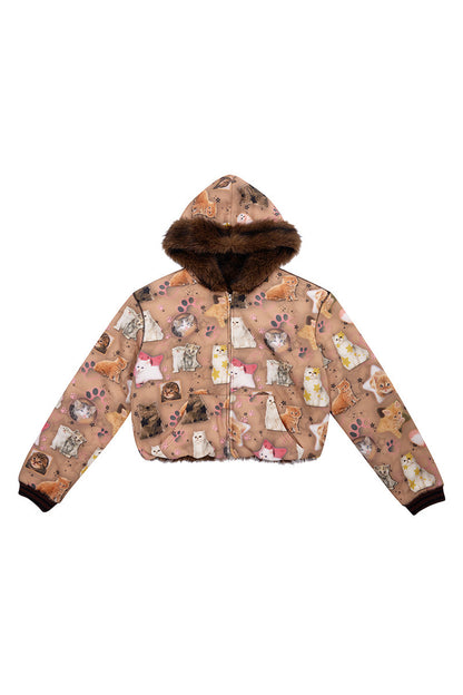Cat Print Reversible Fur Coat