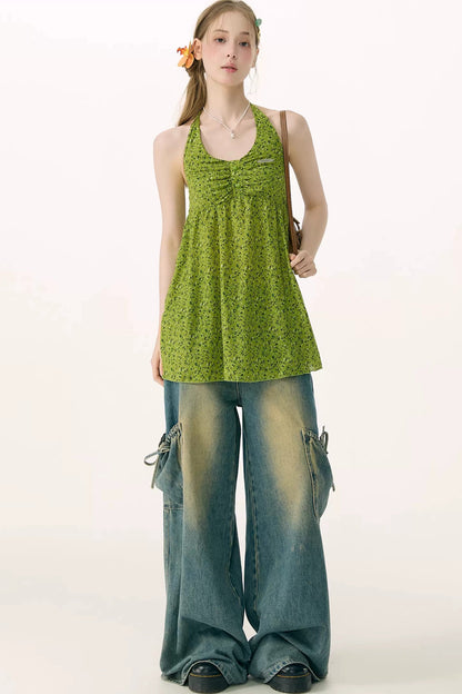 Green Floral Halter Top