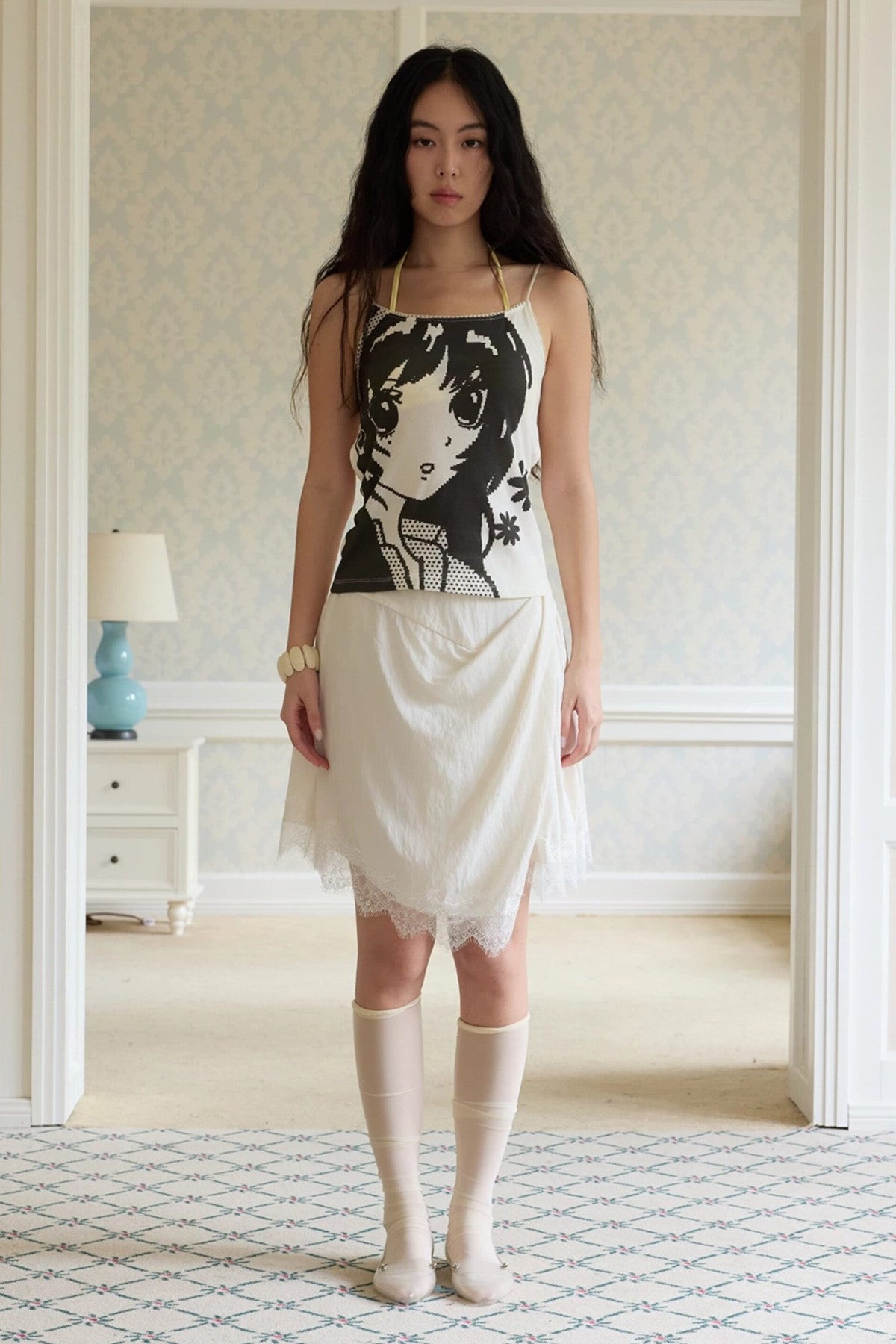 Asymmetrical Pleated A-Line Lace Trim Skirt