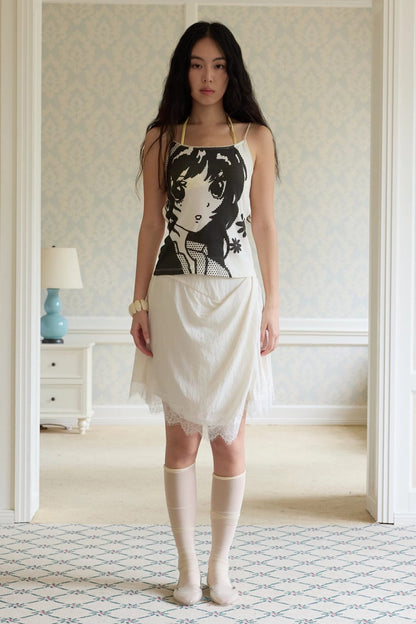 Asymmetrical Pleated A-Line Lace Trim Skirt