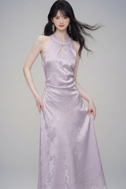 Halter-Neck Jacquard Cheongsam Dress