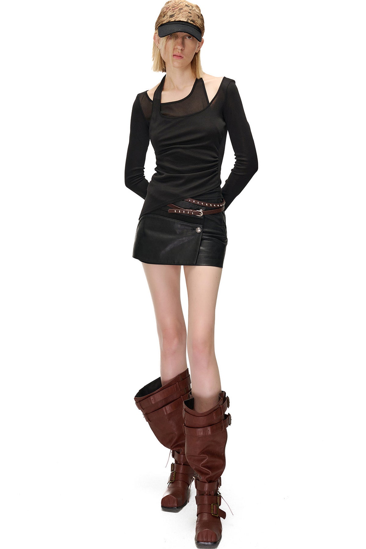 Layered-Look Spliced Halter Long-Sleeve T-Shirt