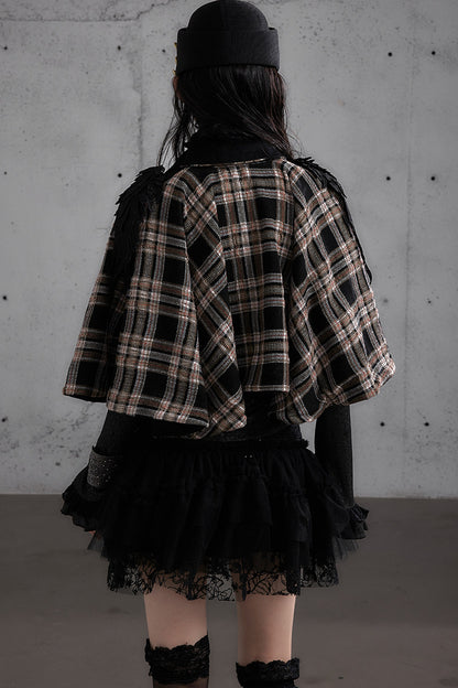 Reversible Wool Blend Plaid Cape