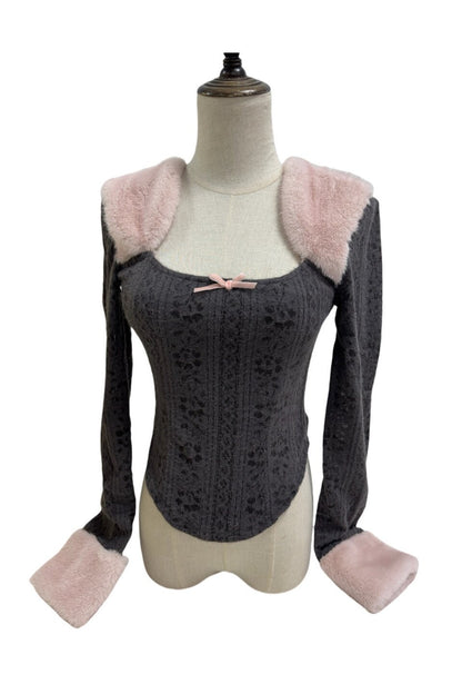 Fur Patchwork Curved Knit Top