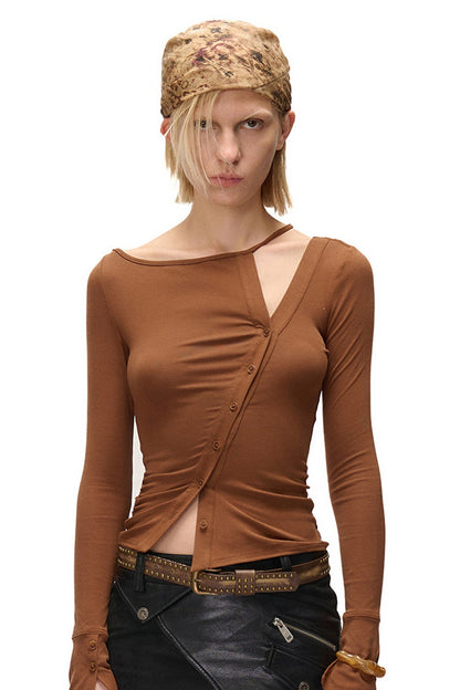 High-Elastic Diagonal Placket Long-Sleeve T-Shirt