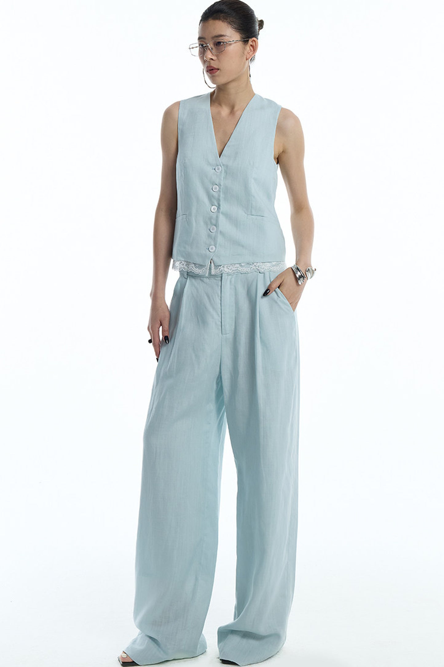 Mint Green Lyocell Cotton Linen Lace Vest and Pants Set-Up
