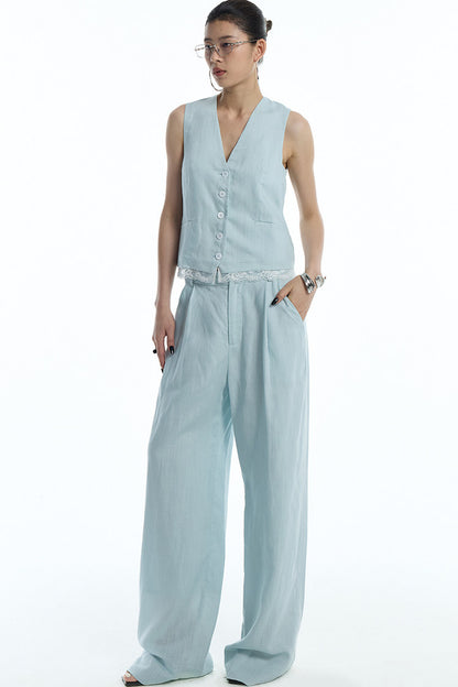 Mint Green Lyocell Cotton Linen Lace Vest and Pants Set-Up