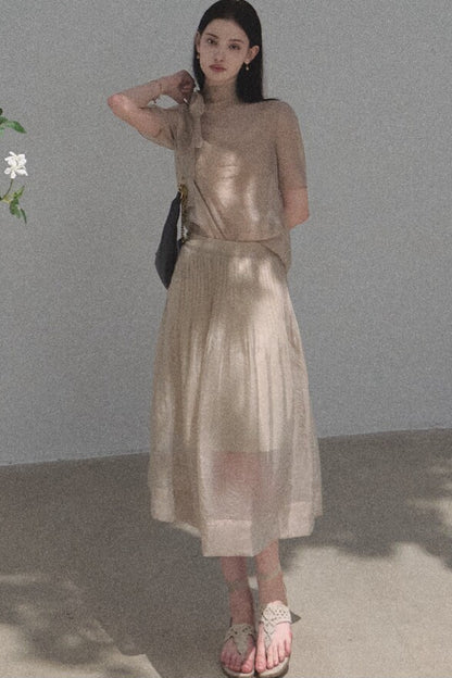 Short-Sleeved Chiffon Blouse and Pleated Mesh Skirt Set-Up