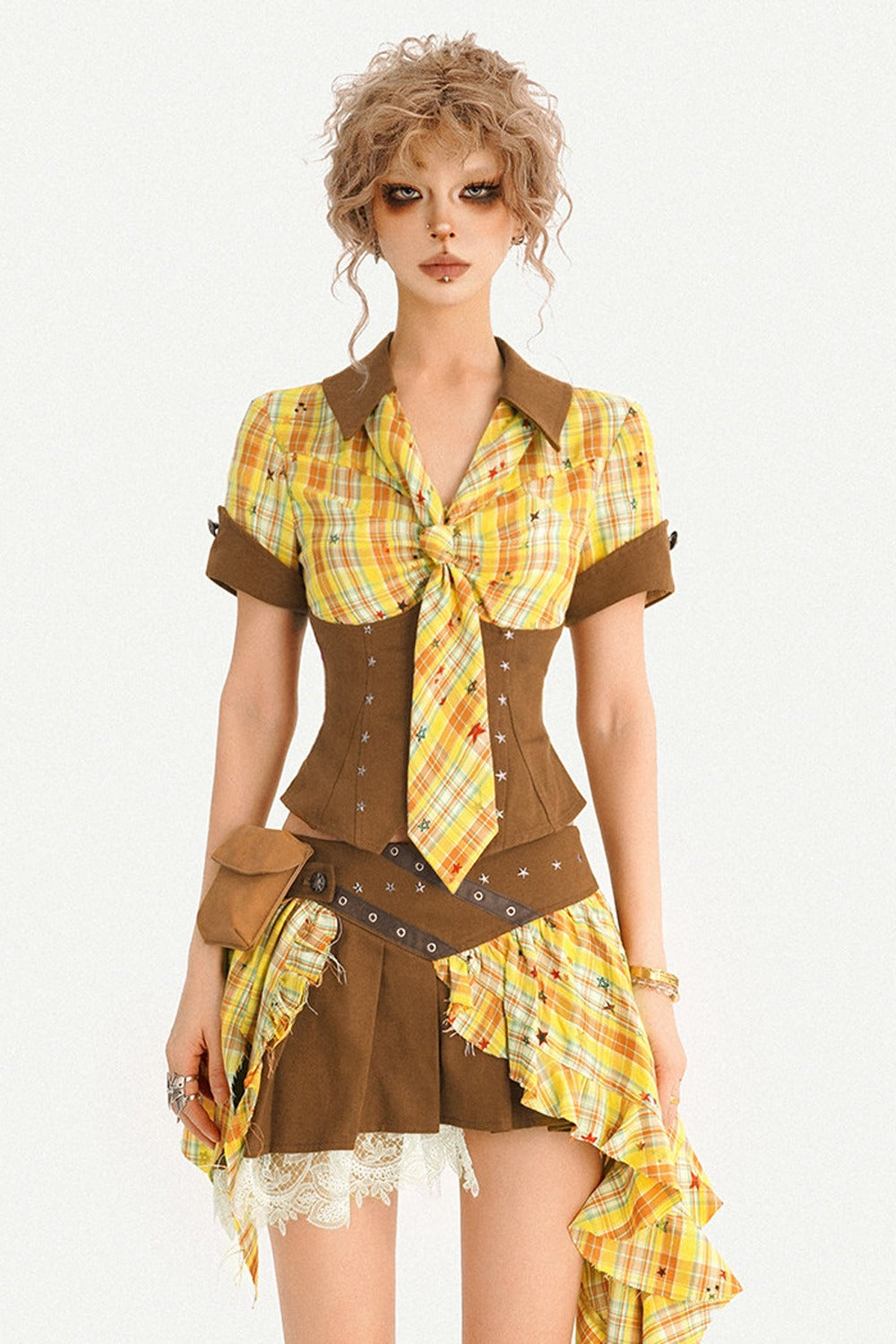 Retro Plaid Shirt and Pleated Skirt Set