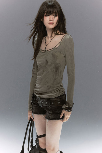 Leather Pocket Denim Shorts
