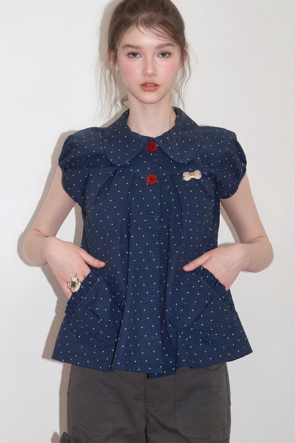 Camicia blu scuro a pois con colletto Peter Pan