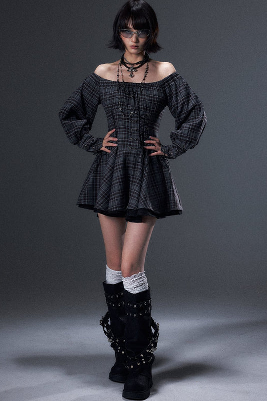 Plaid Off-Shoulder Tie A-Line Dress