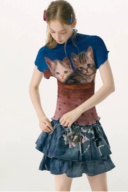 Color-Blocked Cat Print Pleated T-Shirt