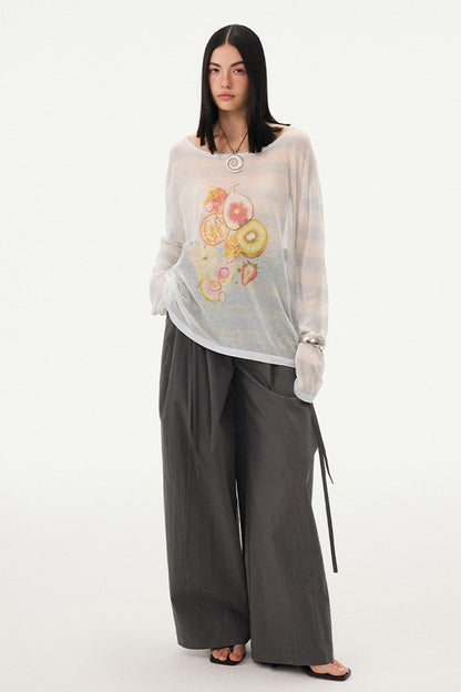 Gestreifte Bluse mit Fruchtprint und asymmetrischer Schulter