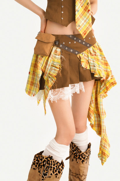 Retro Plaid Shirt and Pleated Skirt Set