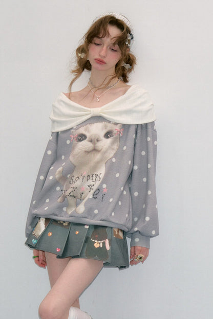 Cat Print Polka Dot Sweatshirt