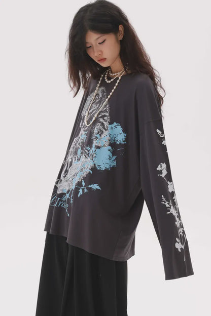 Distressed Cat Floral Long-Sleeve T-Shirt