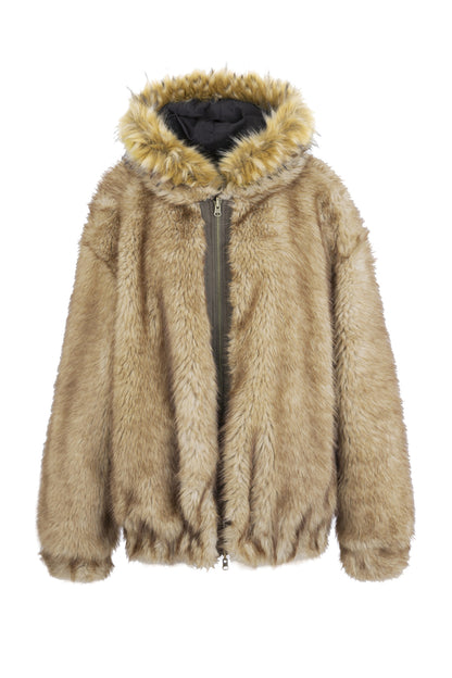 Reversible Hooded Faux Fur Coat