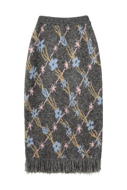 Tulip Floral Jacquard Knit Tassel Skirt