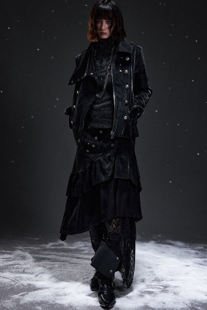 Palace-Style Suede Patchwork Asymmetrical Skirt